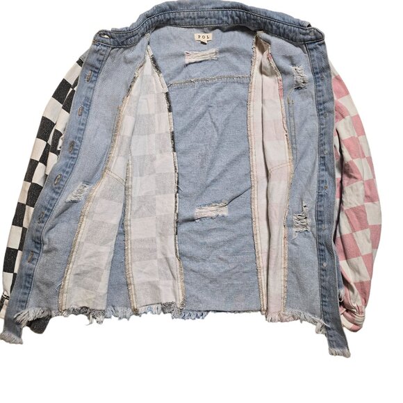 Pol Denim Distressed Checker Patch Jacket Size M Good Used Condition - Picture 2 of 8